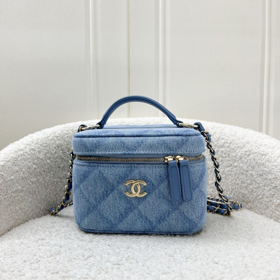Chanel 22B Cheer for Chanel Vanity Case with Top Handle in Light Blue Fabric and AGHW Handbag | Studio Nafay