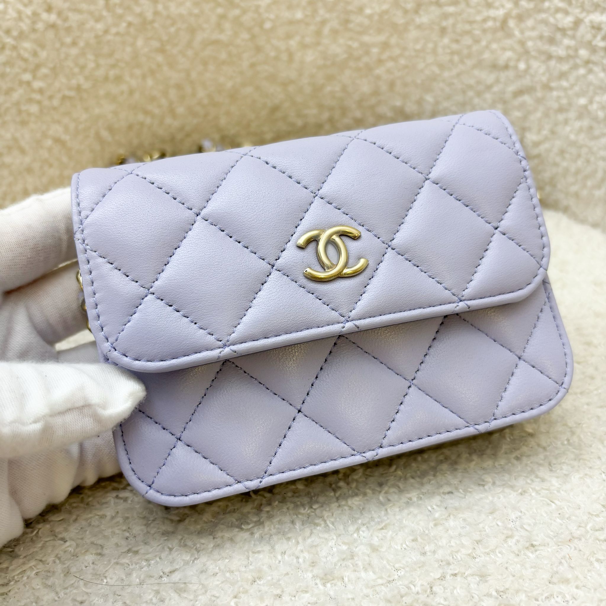 Chanel 21K Ribbon Micro Flap Bag in Lilac Lambskin and AGHW