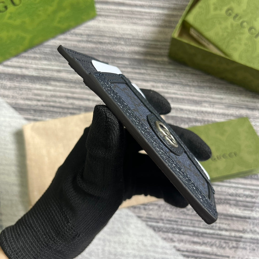 Ophidia GG 11 CARD CASE DARK BLUE Canvas AND Black Calfskin
